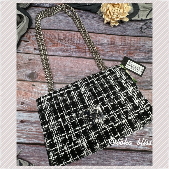 BADGLEY MISCHKA | Shimmer Tweed Adjustable Chain Strap Bag Black & White NWT - Picture 1 of 7